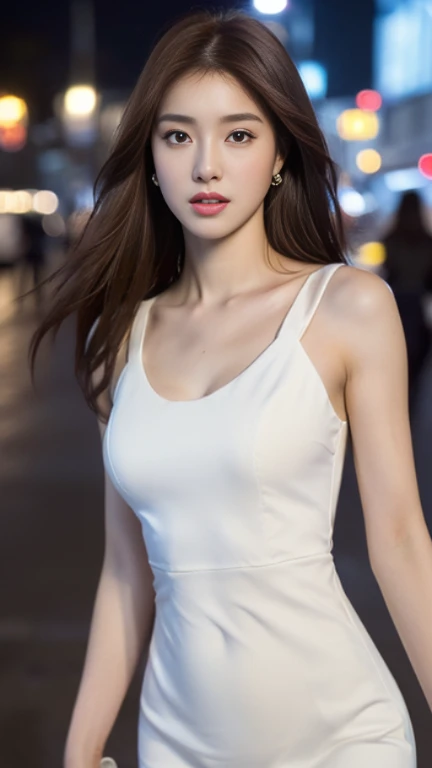 ((Realistic lighting, Best quality, 8K, Masterpiece: 1.3)), Focus: 1.2, 1girl, Perfect Figure: 1.4, Slim Abs: 1.1, ((Dark brown hair)), (White dress: 1.4), (Outdoor, Night: 1.1), City streets, Super fine face, Fine eyes, Double eyelids,