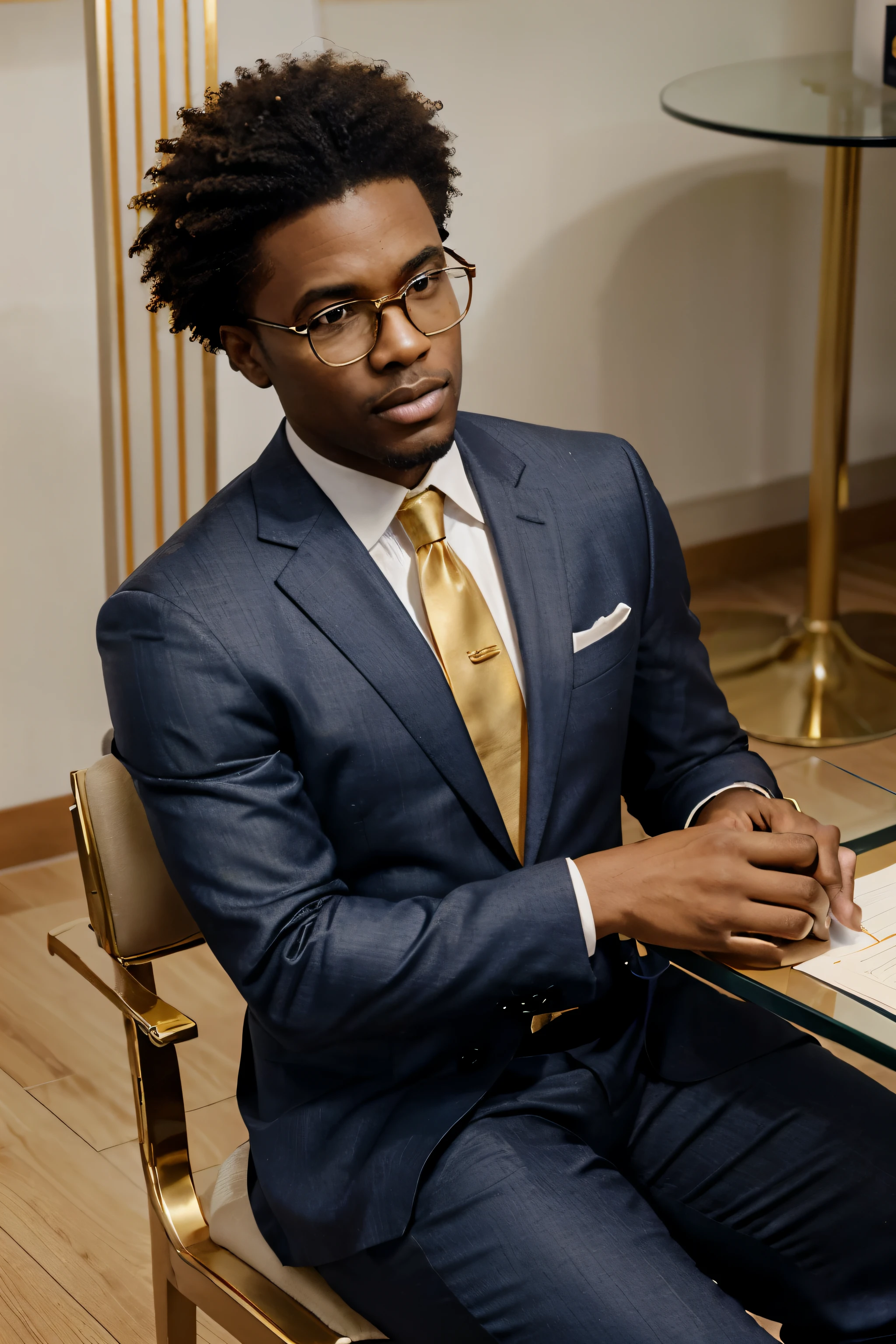 An afro-American male news anchor in mid-45-50 with glasses on with gold designer frames, wearing a white designer shirt with a gold tie, also wearing a navy blue solid color style suit designer professional type, detailed man face, and glasses, hair, hands, watch, sitting on a chair behind a glass table, background indoor news set like CNN
