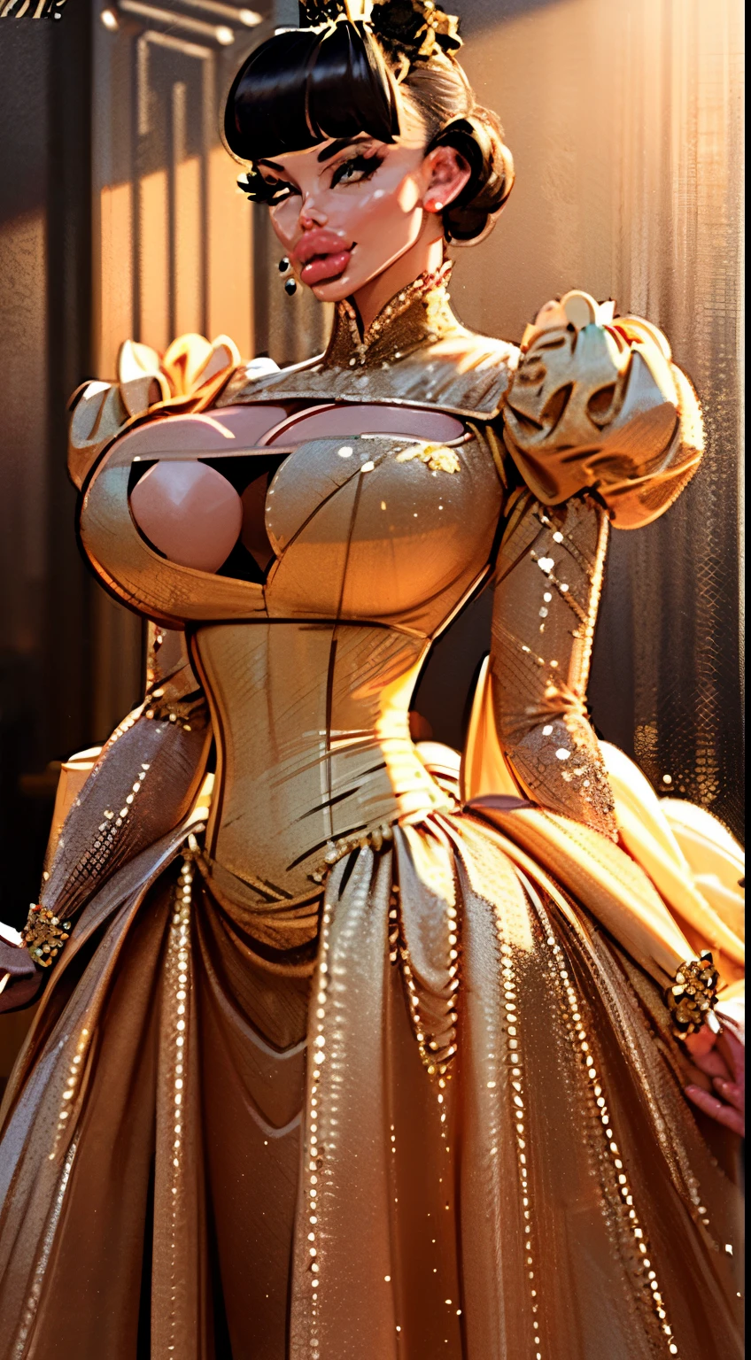 (((1girl:1.8))), ((gown:1.5)) ((off the shoulder)),  style, (( red dress,  gold details)), anime style, (((elf))) (((Victorian gown:1.5))) (((smoldering eyes))), ((bald:1.5)), ((no hair:1.5)), 8k, 4k, Unreal Engine 5, octane render, trending on pixiv, ((puffy gown:1.7)) ((intricate details on dress:1.4)), (((puffy sleeves:1.5))), fanbox, skeb, (((long sleeves:1.5))), masterpiece, ((glittered red gown:1.2)),(skindentation:1.4), ((decorated sleeve cuffs:1.3)), wide hips, (full lips:1.5), ((cleavage cutout:1.4)), (((underboobs:1.2))), smooth soft skin, big dreamy eyes, beautiful anime wide eyes, soft lighting, concept art, digital painting,