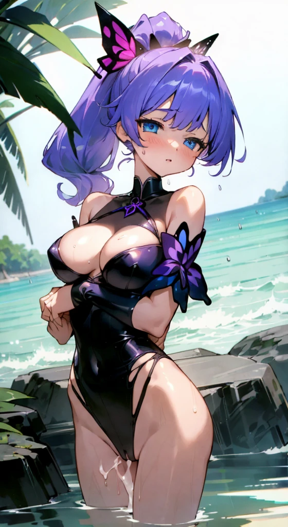 (Best quality, 4k, Masterpiece :1.3), 1girl, 5'4" woman, torn sparkly purple brassier, visible midriff, long curly multi-color hair, ponytail with bow, ocean blue eyes, heavy rain, beach, soaking wet clothes, AAcup, visible vagina, cum leaking from pussy, butterfly kiss, anatomically correct 