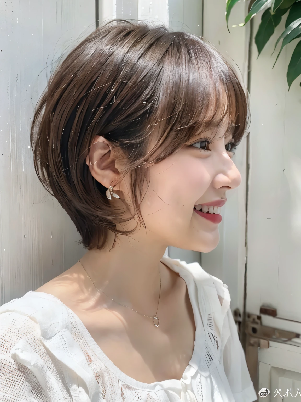 white wall、Taken in front of the white door、(窓のあるwhite wallの部屋)、(8K、RAW photo、highest quality、masterpiece:1.2)、High-definition RAW color photo、professional photos、(realistic、フォトrealistic:1.37)、Shot in natural light、1 girl、laughter、Versatile poses、Spring clothes、 necklace、(Beautiful profile:1.3)、Don't look at the camera、profile、shortcut、short hair、Shot in natural light、earrings、white blouse、smile、((Highlight Hair Color))、(Hair color that is a mixture of light and dark hair)、((Mesh Color))、realistic human eyes