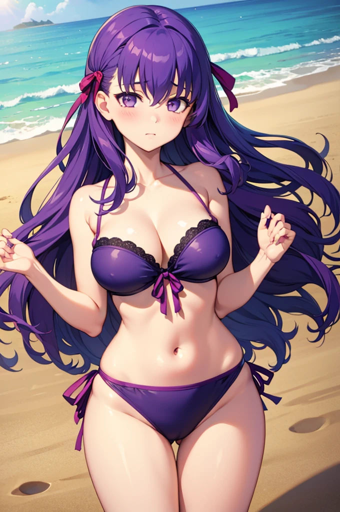 1 girl, best quality, masterpiece, high resolution, solo, HD resolution, best quality, good quality, {matou_sakura_fatestaynightufotable:1.15}, purple_hair, long_hair, ribbon, hair_ribbon, purple_eyes, 1 girl, short bikini, beautiful bkini, purple bikini , pretty, perfect thighs, big breasts, long hair, empty eyes, blushing face, sea, sand, beach,