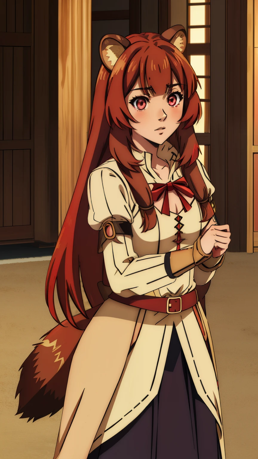 (masterpiece, highest quality), intricate details,
1 girl, Raphtalia, animal ears, brown hair, long hair, raccoon ears, a racoon girl, raccoon tail, (red eyes:1.5), tail,
Hestia Cosplay, rei no himo,