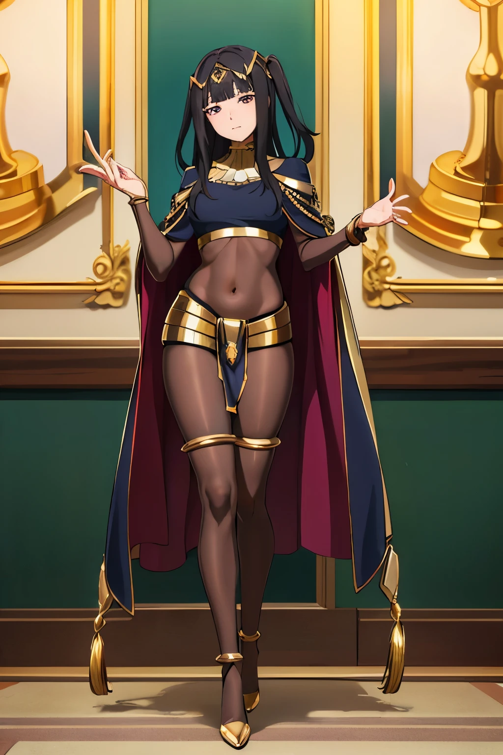 (the golden ratio,masutepiece, of the highest quality, Best Quality, Beautiful and aesthetic:1.2), ighly detailed, Colorful,highest details, (Adults,age19,1girl in, Solo, Body stocking has gold lining, Gold collar, Gold loincloth, Hair Ornament, Cape, high-heels,Black full-body stockings, Black full-body stockings, Black full-body stockings, thighs thighs thighs thighs,  TharjaV4, 1girl, solo, 