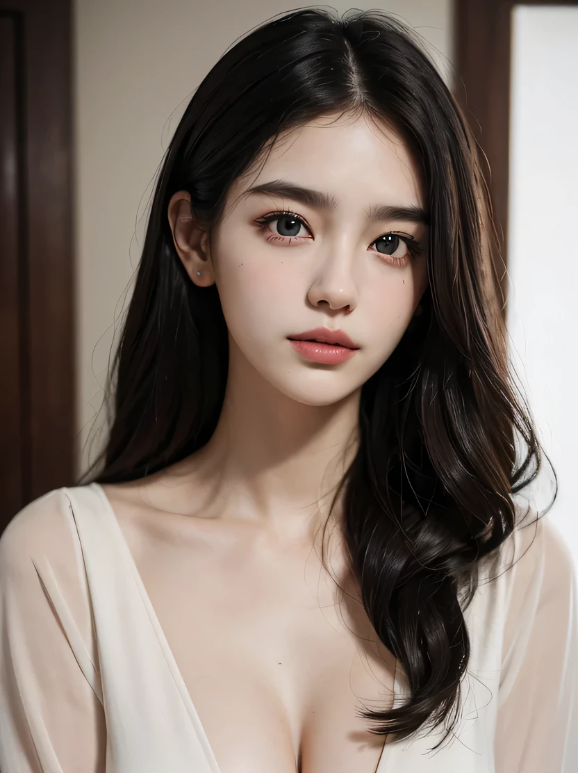 ((masterpiece、highest quality、realistic、Super detailed、High resolution、Photoreal、sharp focus、cinematic lighting))、Stunning portrait of a beautiful woman、bust shot、high color saturation、high contrast、With an oval face and symmetrical facial structure、Big eyes、Khazar eye color、almond shaped eyes、Straight and balanced nose、Soft wavy black hair、heart-shaped lip、Perfect eyebrows、perfect ears、soft skin、pale white skin、Raise your chin slightly、closed your mouth、slight smile 、plain background、focus from the chest up