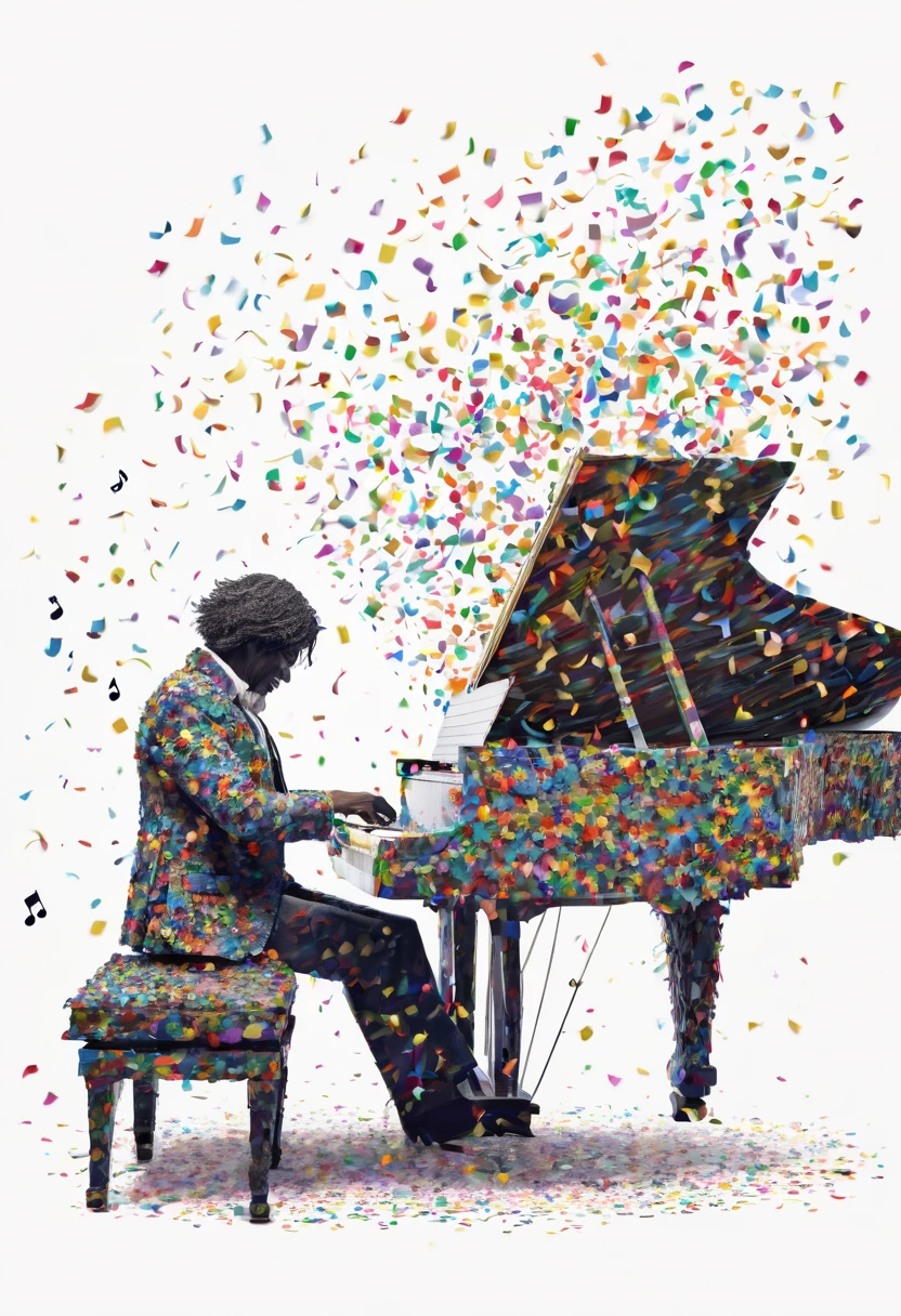 Beethoven plays the piano,the great pianist, a dark man, he does not like colored confetti, he is a musician with warm but strong tones at the same time, confetti in the air, musical notes in the air, magical, acion, epic, zentangle, origami
