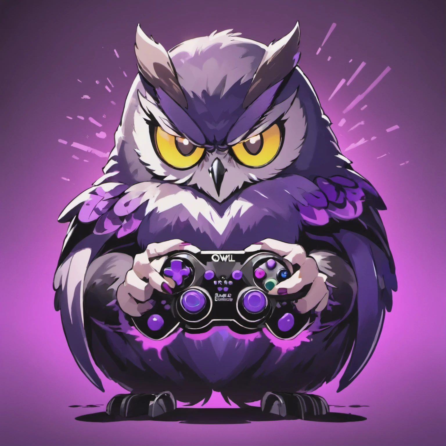 An owl resting on a gaming controller with the color scheme of purple and black. Use a 50 mm cinematic lens with a straightforward shot.