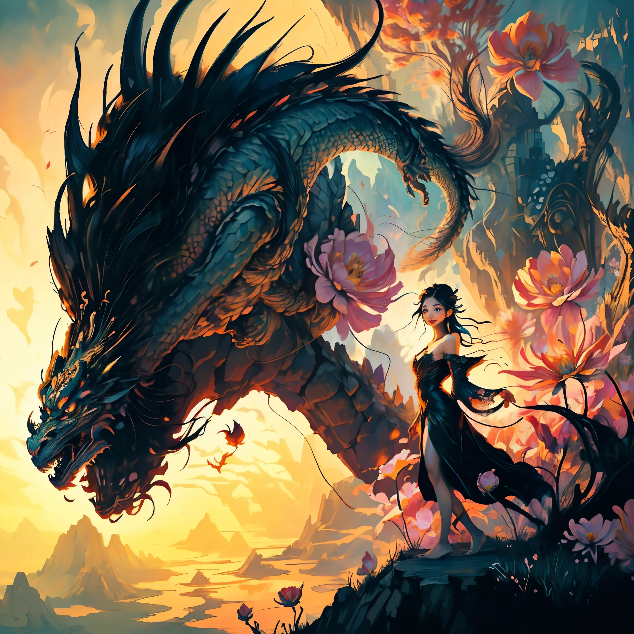 a woman standing on a cliff looking at a dragon with a long tail, dragon queen, fantasy art style, official art, unity 8k wallpaper, ultra detailed, beautiful and aesthetic, beautiful, masterpiece, best quality, (zentangle, mandala, tangle, entangle), (ecstasy of flower:1.2), dynamic angle, cowboyshot, the most beautiful form of chaos, elegant, a brutalist designed, vivid colours, romanticism, atmospheric, warm smile, bright eyes detailed eyes