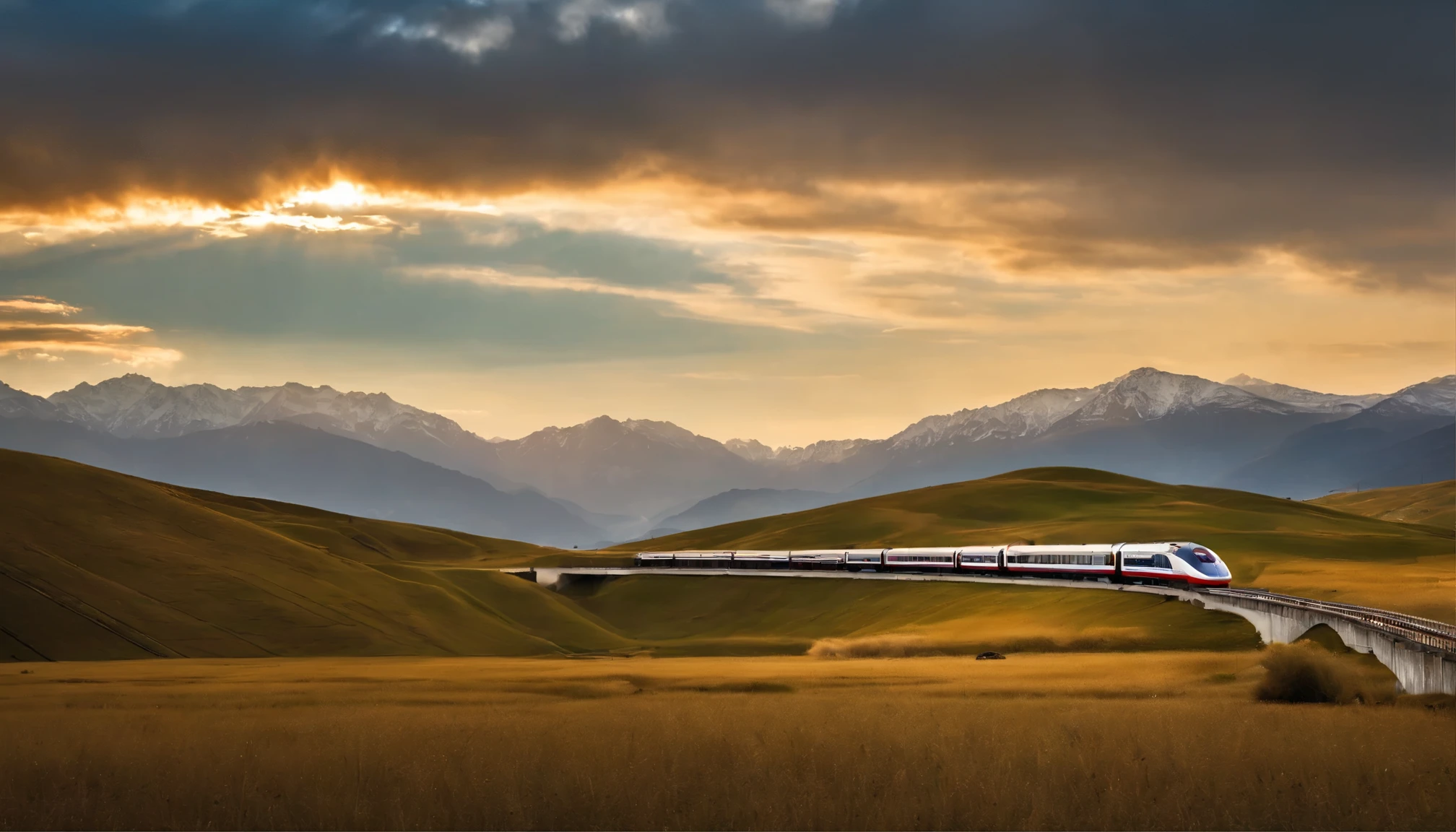 The high-speed train passes on the red viaduct in the distance,Red China high-speed train in the distance,Hareful,Tibetan antelope,yak,青藏plateau生物,青藏plateau植物正午阳光,超精细grassland,ue5 rendering light,Highly detailed clouds,plateau,low vanishing point,Low angle viewing angle,look up to,{{{masterpiece}}}、{{best quality、A super detailed illustration、beautiful shrub}}、{very delicate light}、{nature}、{{Delicate starry sky、more transparent clouds、high quality clouds、优质的grassland、very fine 8KCG wallpaper}}、(plateau场景)、sunrise、randomly distributed clouds、(grassland)、青藏plateau、(sunny)、((shimmer)),glowing particles,Low angle viewing angle,Low angle viewing angle,low vanishing point,