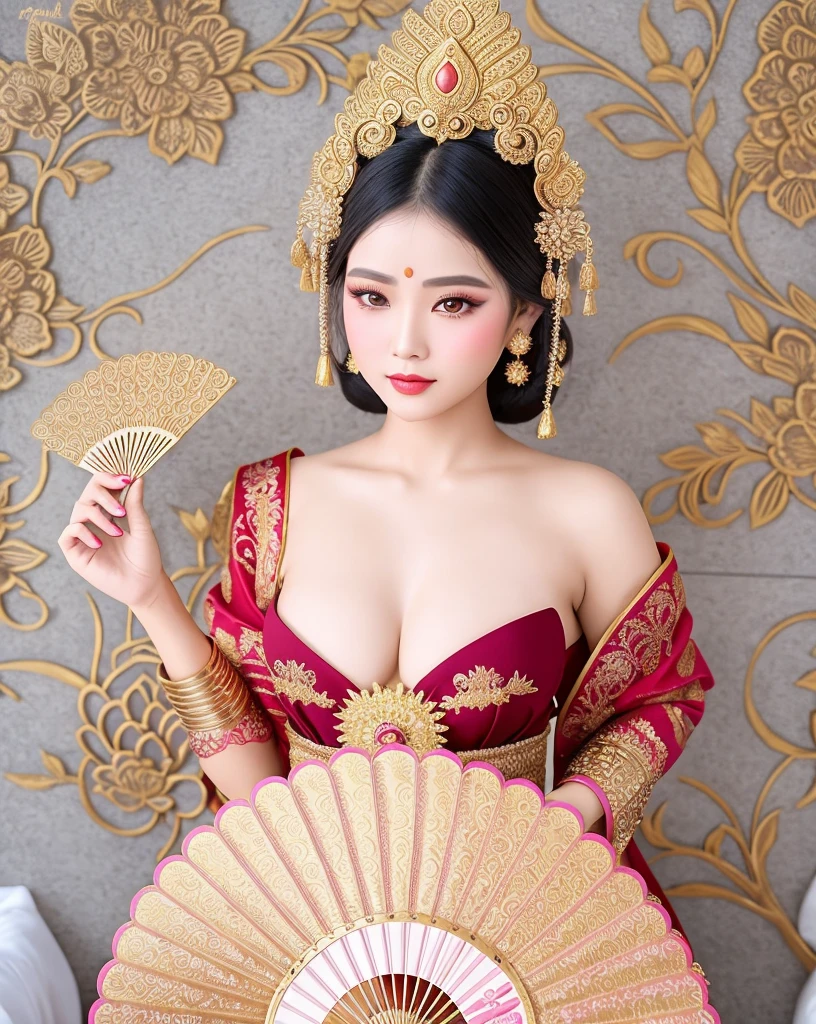 araffe woman in a traditional thai costume holding a fan, traditional beauty, traditional makeup, portrait of modern darna, wearing an ornate outfit, traditional dress, an asian woman, asian woman, bali, sukhothai costume, beautiful oriental woman, indonesia, traditional costume, south east asian with round face, beautiful asian woman, inspired by I Ketut Soki