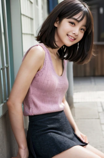 (8K、Raw photo、highest quality、masterpiece:1.2)、(realistic、Photoreal:1.37)、super detailed、Super high resolution、1 girl、see the beholder、beautiful and detailed face、laughter、narrow、(slim waist) :1.3)、Beautiful and smooth skin、skin texture、floating hair、professional lighting、human body as a whole、long hair、black haired、straight short hair、smile, (hyper pretty face:1.5), Nogizaka46、(skirt)、beautiful feet、knit、one piece