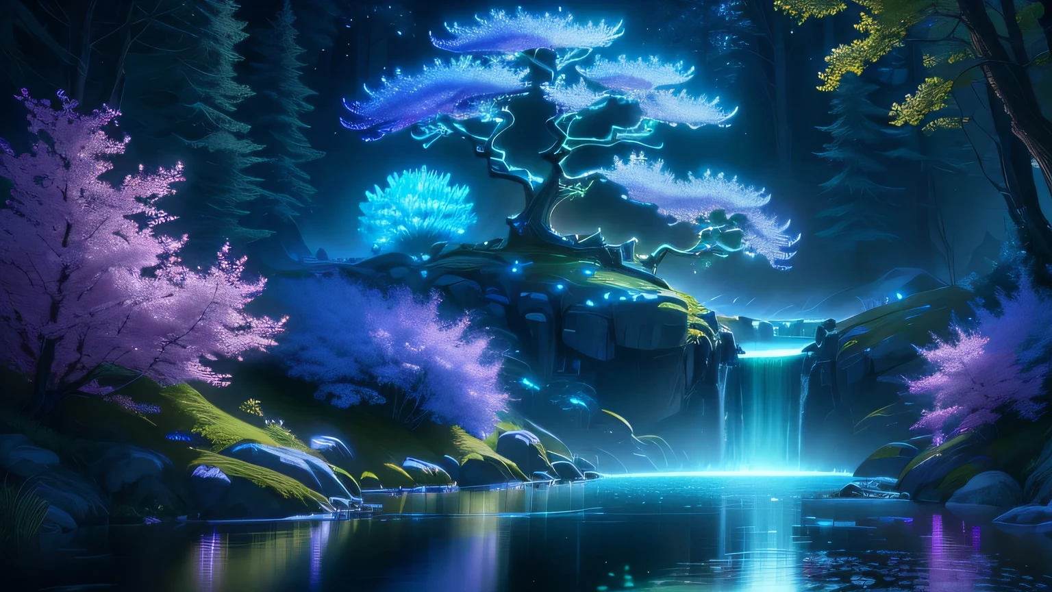 beautiful land, High resolution, Hyper Resolution, HD, Glistening, Bioluminescent, Cinematic, Studio, Ray Tracing, extremely detailed, insanely detailed, Mythical scenery, beautiful tree's, Colorful flowers, Water flowing, 