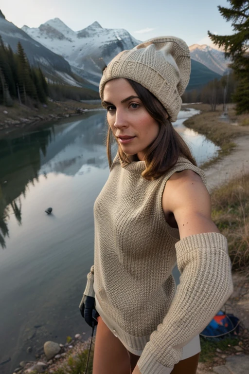 A heavily muscled iffb pro female, 1 woman((upper body selfie, happy)), masterpiece, best quality, ultra-detailed, solo, outdoors, (night), mountains, nature, (stars, moon) cheerful, happy, backpack, sleeping bag, camping stove, water bottle, mountain boots, gloves, sweater, hat, flashlight, forest, rocks, river, wood, smoke, shadows, contrast, clear sky, analog style (look at viewer:1.2) (skin texture) (film grain:1.3), (warm hue, warm tone) :1.2), close up, cinematic light, sidelighting, ultra high res, best shadow, RAW, upper body, wearing pullover