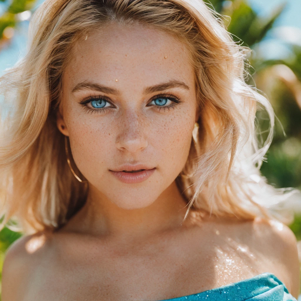 (selfie, top view: 1.4), (straight half of the body: 1.4), RAW UHD portrait photo of a 24-year-old blonde (blue-eyed woman) walking down on the beach, palm trees, (skirt), (neckline), details (textures! , hair! , glitter, color!! , disadvantages: 1.1), glossy eyes with high detail (looking at the camera), SLR lighting, SLR camera, ultra-quality, sharpness, depth of field, film grain (center), Fujifilm XT3, crystal clear, frame center, beautiful face, sharp focus, street lamp, neon lighting, bokeh (dimly lit), night, (night sky), detailed skin pores, oily skin, sunburn, complex eye details, full body, large breasts