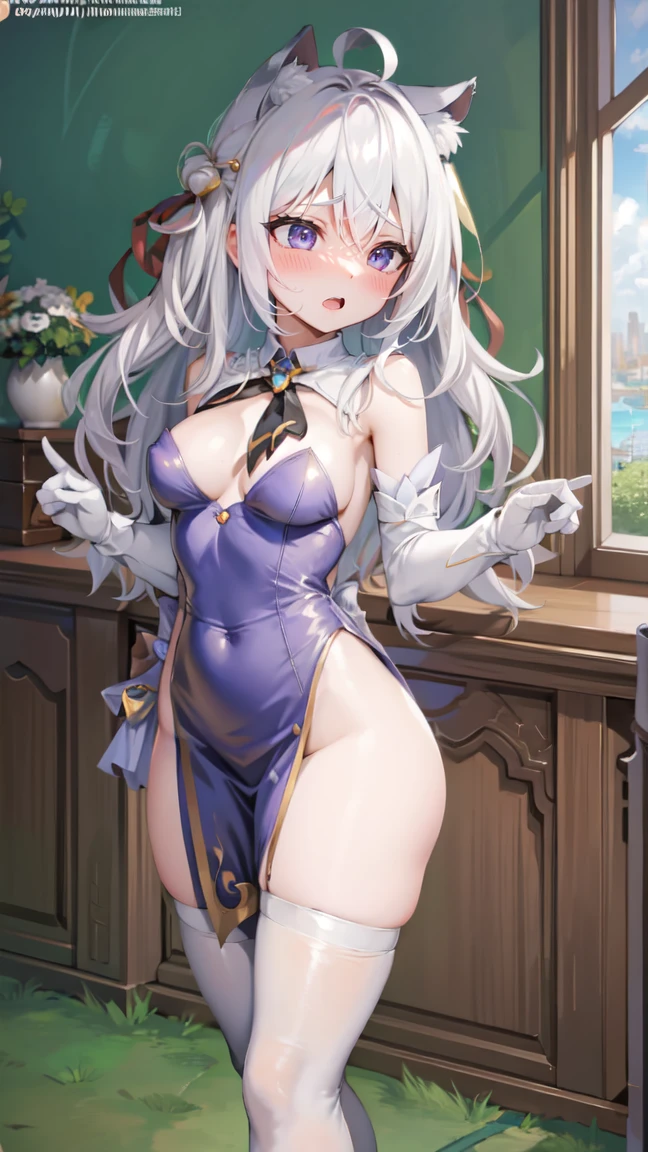 Alisa mikhailovna kujou, best quality, ultra detailliert, 4k anime girl, anime - style image of a woman with long white hair and a cat ears, wavy hair, perfect white haired girl, ocean blue eyes, face cute, perfect fingers, slim toned body, perfectly proportions, full body, undress, without clothes, naked, stark-naked, seductive anime girl, small curvaceous, large breasts, beautiful breasts, cleavage of the breasts, angle to show off breasts, show off nipples, bedroom background, trending on artstation pixiv, azure lane style