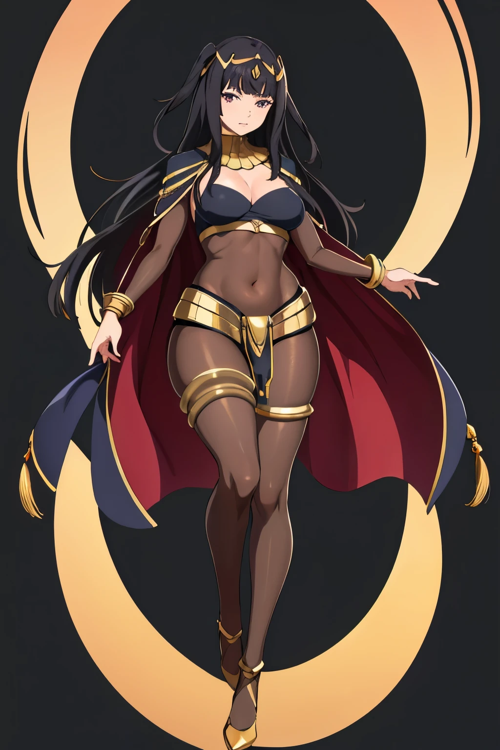 (the golden ratio,masutepiece, of the highest quality, Best Quality, Beautiful and aesthetic:1.2), ighly detailed, Colorful,highest details, (Adults,age19,1girl in, Solo, Body stocking has gold lining, Gold collar, Gold loincloth, Hair Ornament, Cape, high-heels,Black full-body stockings, Black full-body stockings, Black full-body stockings, thighs thighs thighs thighs,  TharjaV4, 1girl, solo, 