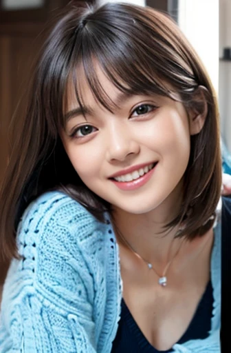 (8K、Raw photo、highest quality、masterpiece:1.2)、(realistic、Photoreal:1.37)、super detailed、Super high resolution、1 girl、see the beholder、beautiful and detailed face、laughter、narrow、(slim waist) :1.3)、Beautiful and smooth skin、skin texture、floating hair、professional lighting、human body as a whole、long hair、black haired、straight short hair、smile, (hyper pretty face:1.5),　Nogizaka4６、beautiful feet、knit、one piece