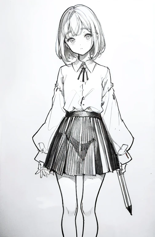 1 girl,line drawing,monochrome,sketch,pencil drawing,traditional media,1 girl, 黒いskirtフェンス, long hair shirt, long sleeve, skirt, alone、Are standing、Cute teenage woman, ,beautiful portrait、delicate body、Full body Esbian、look down on、le、bob、short hair、Patsun
