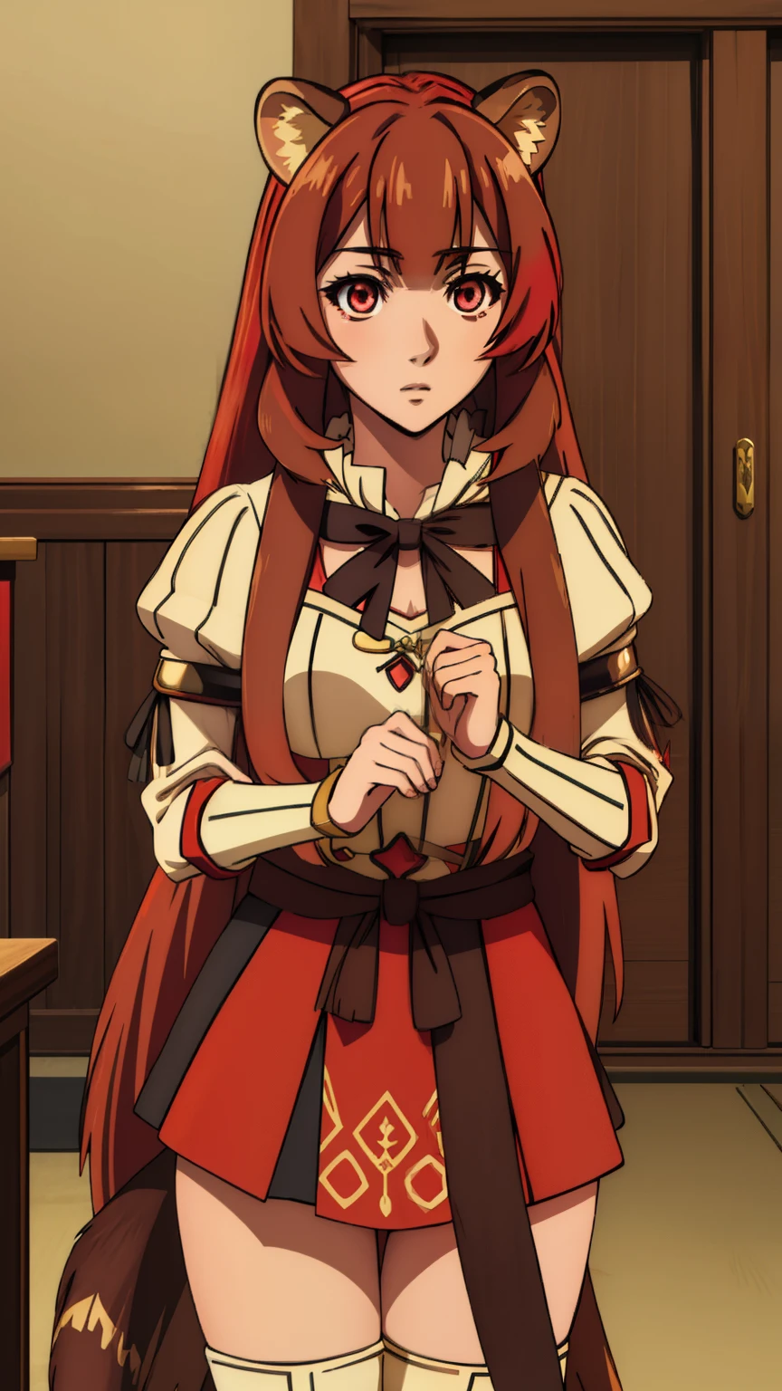 (masterpiece, highest quality), intricate details,
1 girl, Raphtalia, animal ears, brown hair, long hair, raccoon ears, a racoon girl, raccoon tail, (red eyes:1.5), tail,
Hestia Cosplay, rei no himo,