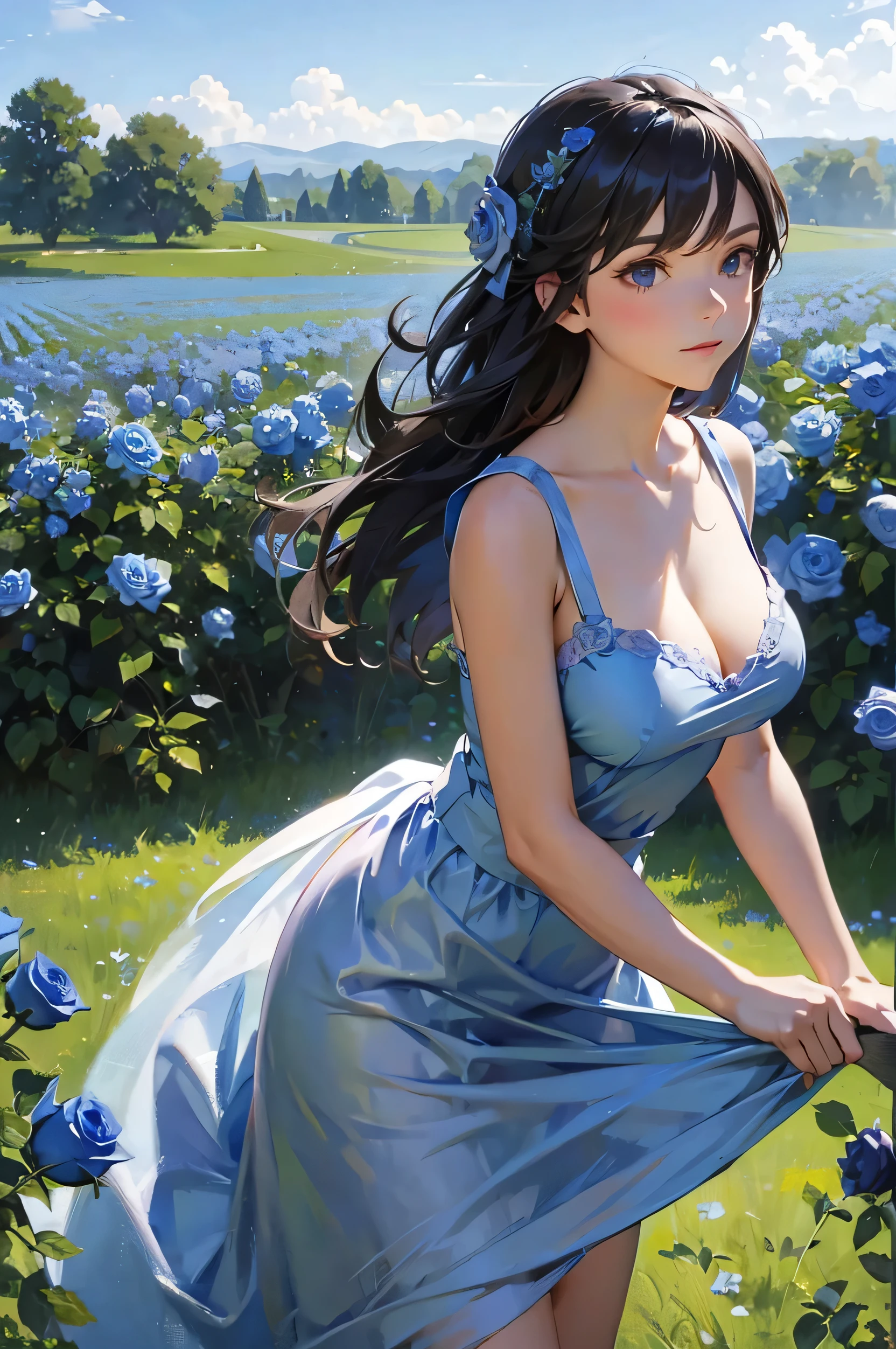 A large field of blue roses