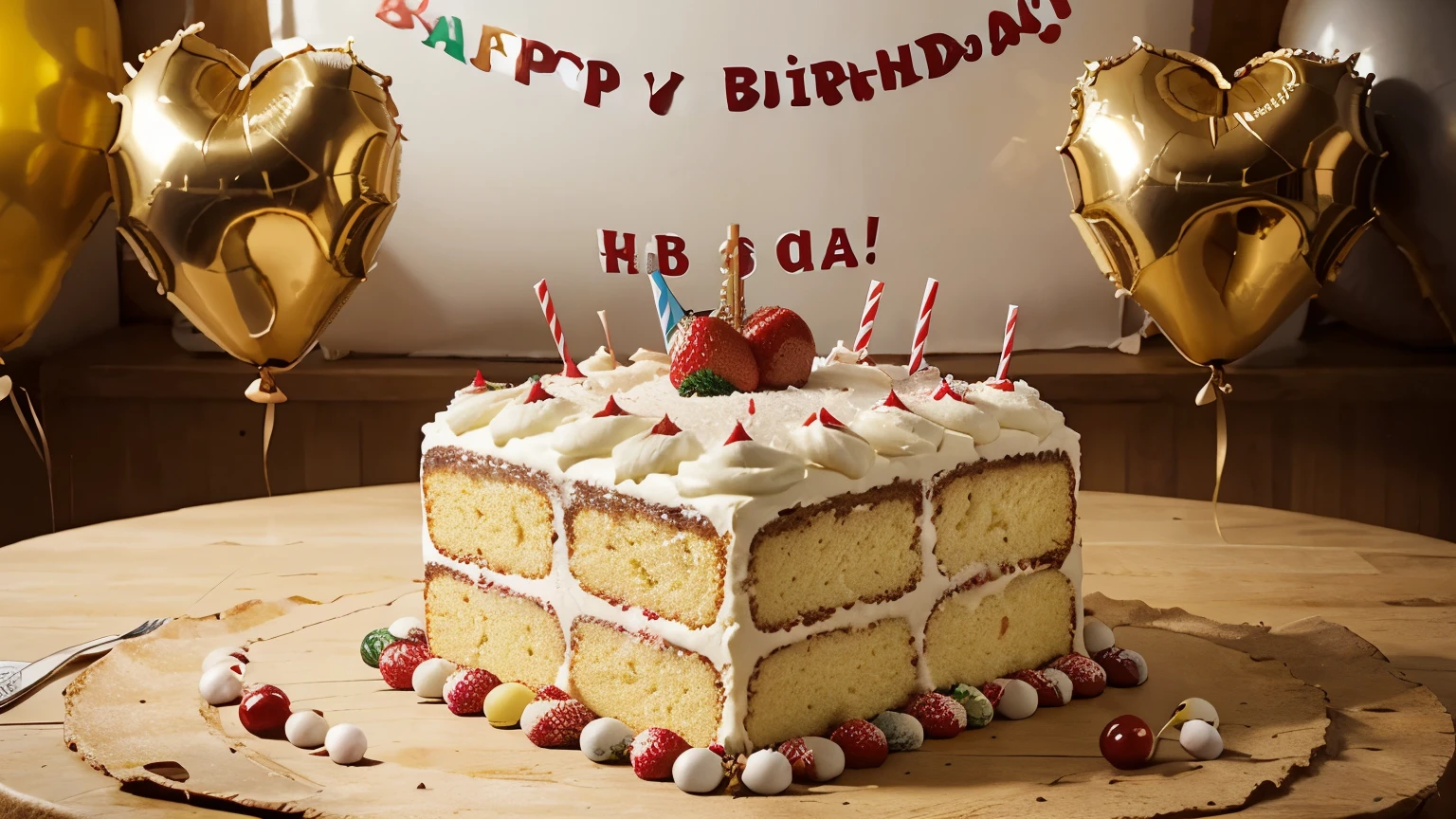 I want a picture of celebrating my birthday, which must include a standard sized cake with festive elements around it, such as balloons, and the words "Happy Birthday" added in the middle of the square