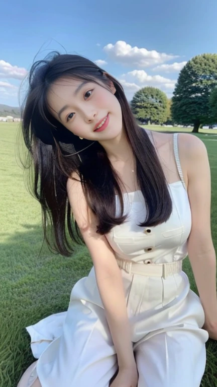 A beautiful and cute girl, full body photo, extremely beautiful and delicate, black hair, sweet smile, delicate beautiful fair skin, realistic and realistic, exquisite and complete facial features, detailed facial portrayal, high nose bridge, flowing smooth hair, extremely delicate hair, soft temperament, face light, tall, thin, real, hyper-real, full-body lens, forward tilt angle, ultimate picture quality, highest precision, accurate and perfect human body structure. Blue sky and white clouds, sitting on the grassland, blue sky and white clouds, sunlight, cows and sheep, (suspenders, long skirts) panties are clearly visible