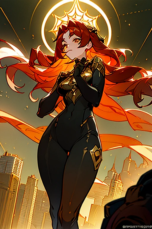 Masterpiece: 1.5, best quality, high resolution: 1.3, super resolution, super detailed, ultra detailed: 1.3, rich background: 1.2, 1 woman)) pale skin + reddish hair + short fluffy curly hair + amber eyes + long eyelashes + feminine body + medium chest + wide hips + thick thighs (wetsuit with spider web designs, spiderwoman inspired suit, has a chest neckline with a golden gem embedded in it, golden halo behind her head, has halos of golden light on his wrists) ((smiles, raised in the air, city in the background illuminated by lights, golden light from halos in gold)) (colors of clothing and accessories: white, gold, navy blue, silver)