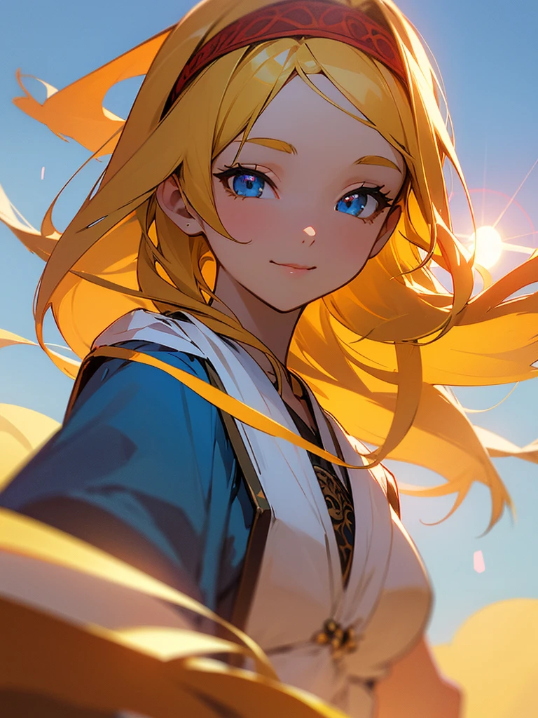 masterpiece, best quality, best quality, (Intricate detailed:1.2), beautiful eyes, 1girl, solo, outdoors, blue sky, cloudy, bokeh, lens flare, anamorphic lens flare, depth of field, seductive face, seductive smile, heanna_sumire, yellow hair, red headband, 