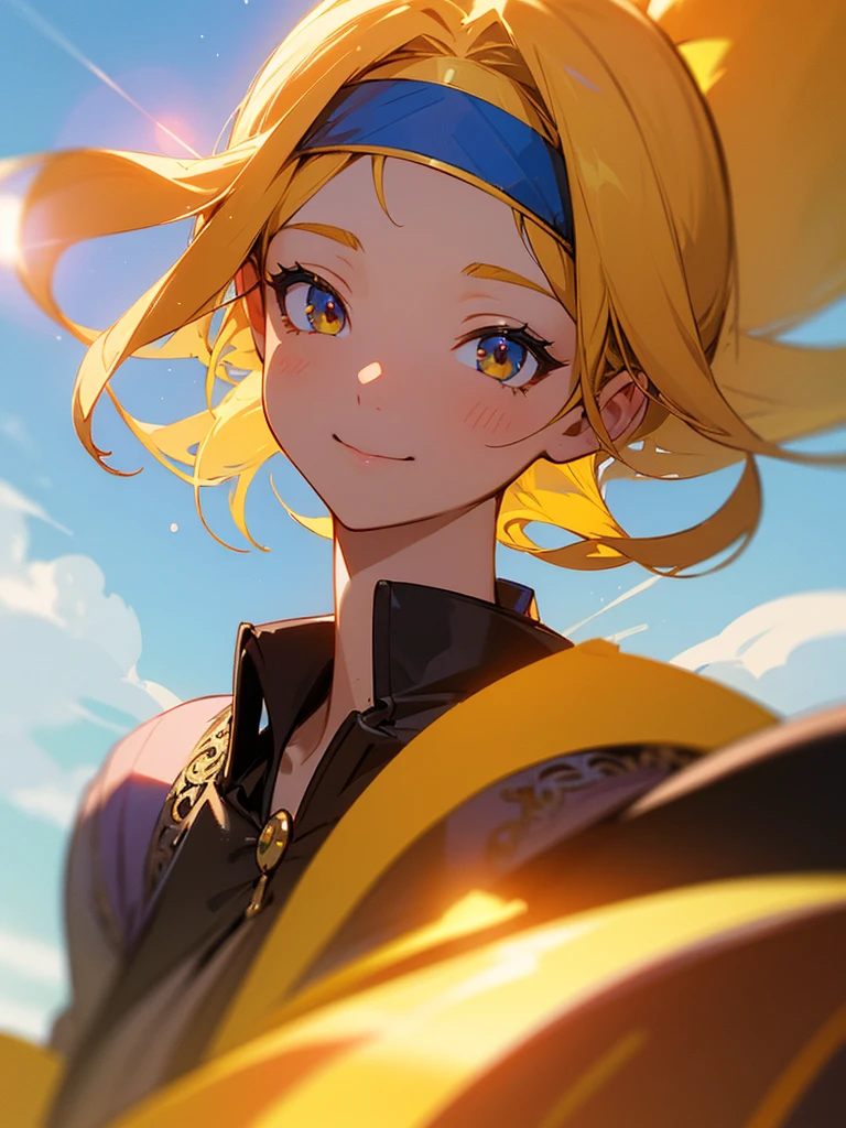masterpiece, best quality, best quality, (Intricate detailed:1.2), beautiful eyes, 1girl, solo, outdoors, blue sky, cloudy, bokeh, lens flare, anamorphic lens flare, depth of field, seductive face, seductive smile, heanna_sumire, yellow hair, red headband,