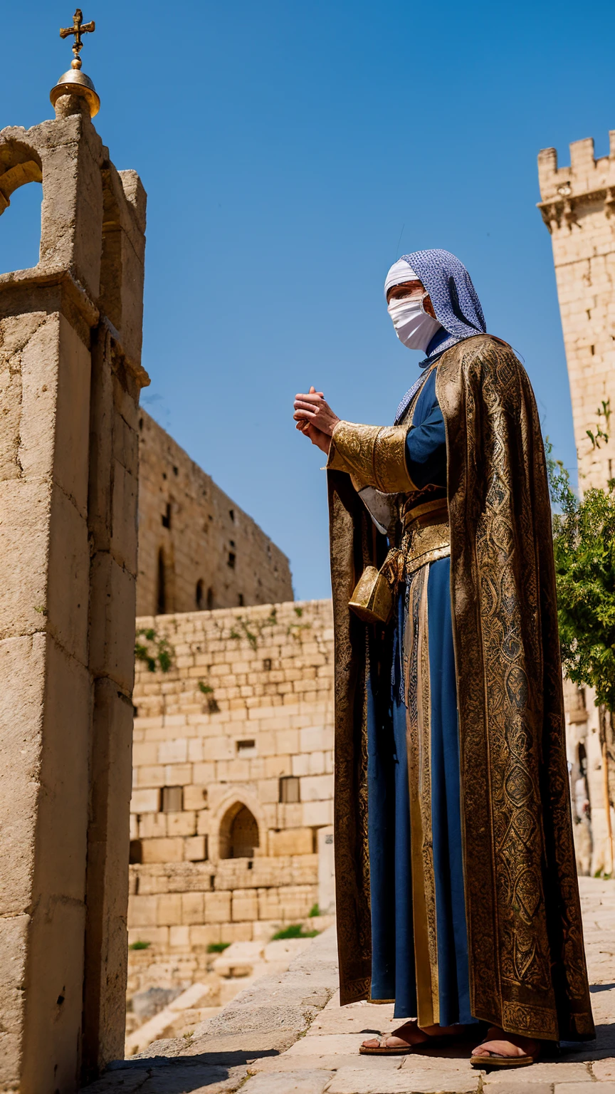 A medieval scene in Jerusalem showing Baldwin, the leper king, in royal attire, his face hidden behind a mask due to his suffering, amidst the historical backdrop of Jerusalem.