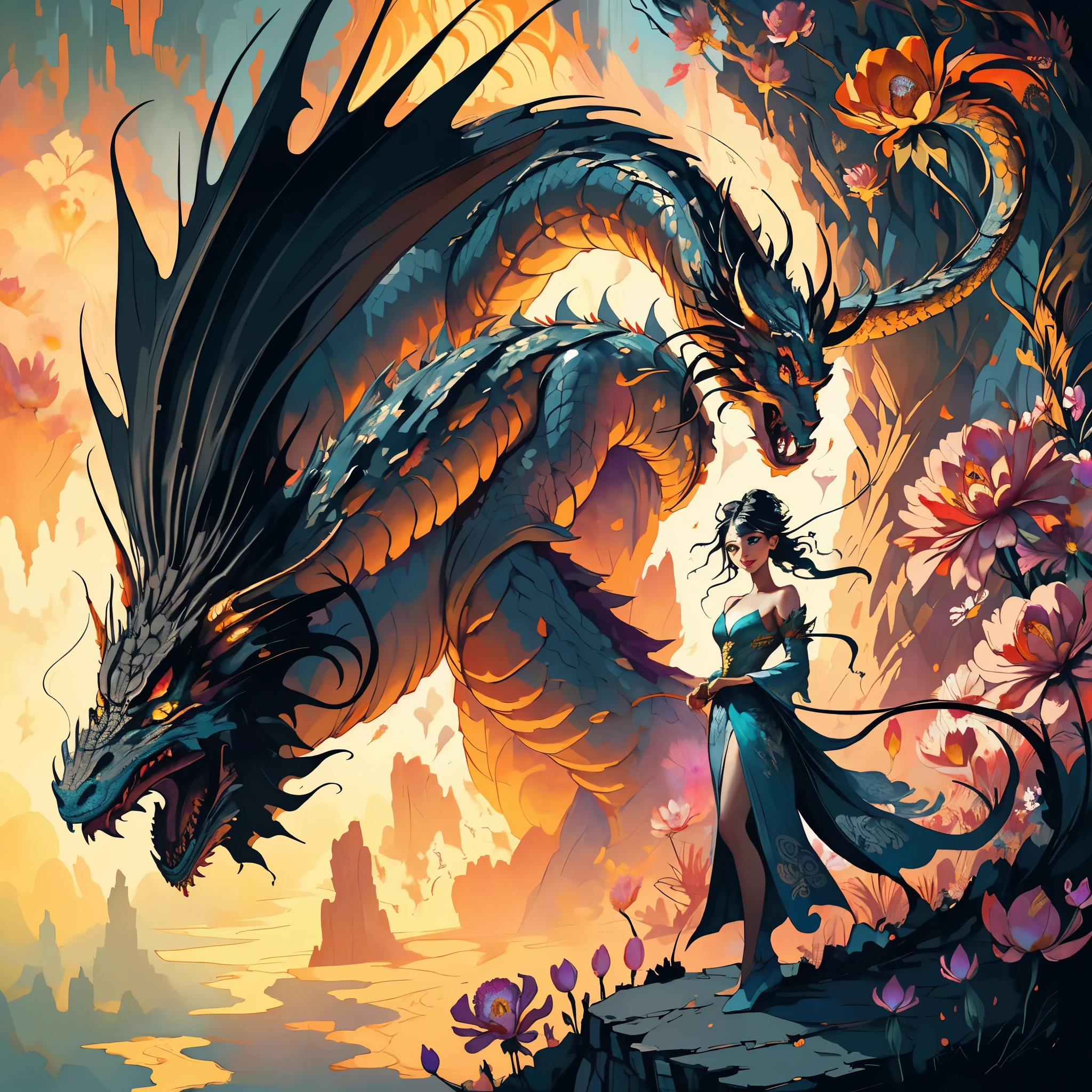 a woman standing on a cliff looking at a dragon with a long tail, dragon queen, fantasy art style, official art, unity 8k wallpaper, ultra detailed, beautiful and aesthetic, beautiful, masterpiece, best quality, (zentangle, mandala, tangle, entangle), (ecstasy of flower:1.2), dynamic angle, cowboyshot, the most beautiful form of chaos, elegant, a brutalist designed, vivid colours, romanticism, atmospheric, warm smile, bright eyes detailed eyes