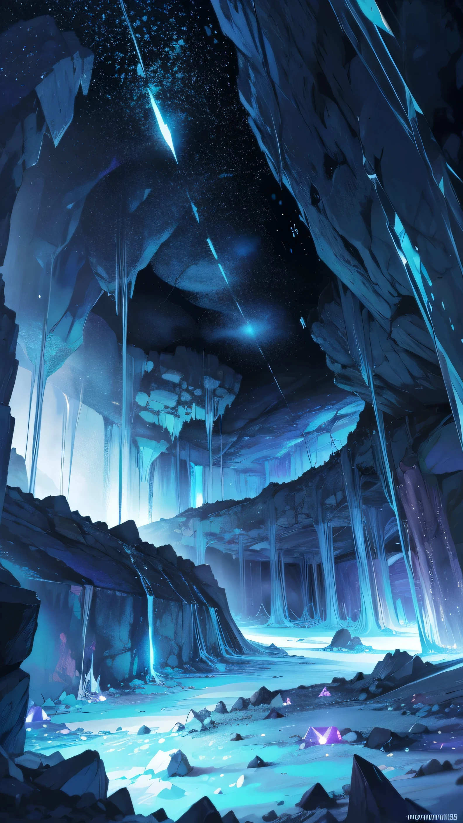 Underground cave with sparkling crystal chunks, Clumps of crystals piled up here and there, deep underground battle
