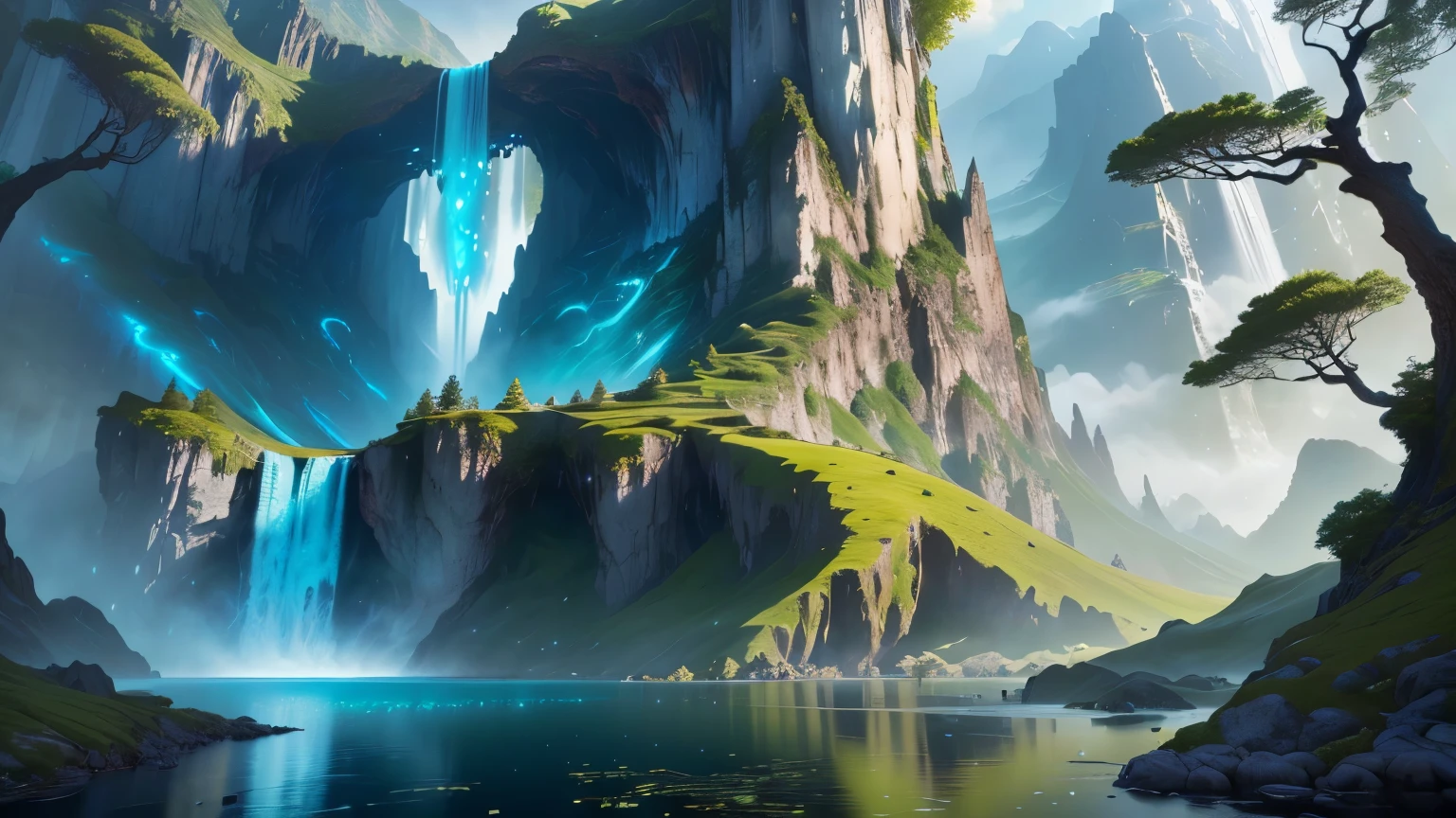a view of a waterfall with a mountain in the background, fantasy style 8 k octane render, epic dreamlike fantasy landscape, impressive fantasy landscape, lush alien landscape, 8 k landscape render, unreal engine fantasy art, fantasy magical vegetation, 3d rendered matte painting, realistic fantasy render, beautiful render of a landscape, avatar landscape, fantasy overgrown world, beautiful land, High resolution, Hyper Resolution, HD, Glistening, Bioluminescent, Cinematic, Studio, Ray Tracing, extremely detailed, insanely detailed, Mythical scenery, beautiful tree's, Colorful flowers, Water flowing,