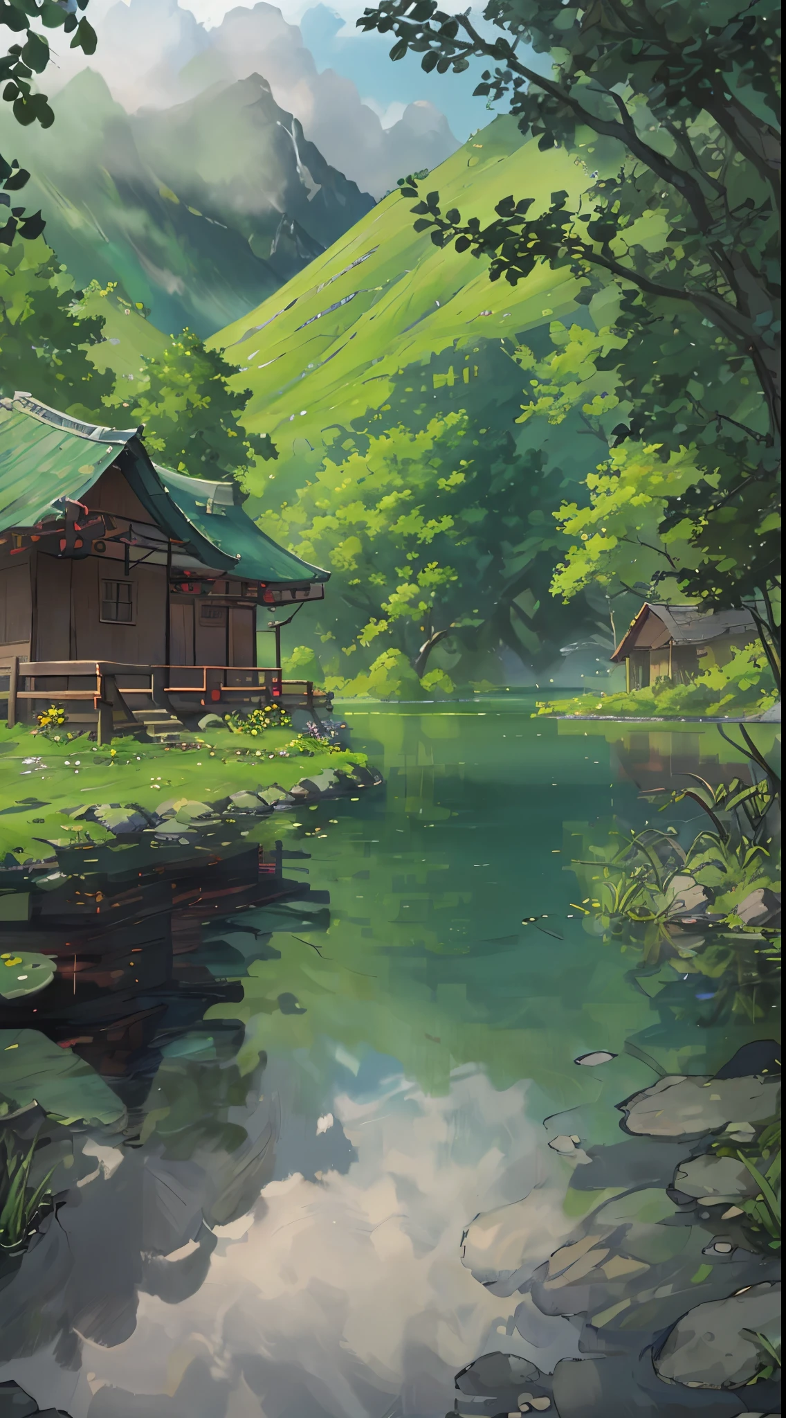 Chinese Antiquity, Spring, Jungle, Lake, Reflection, Trees, Meadows, Rocks, Dragon Boats, Hot Springs, Water Vapor, (Illustration: 1.0), Epic Composition, Realistic Lighting, HD Details, Masterpiece, Best Quality, (Very Detailed CG Unified 8k Wallpaper) --v 6