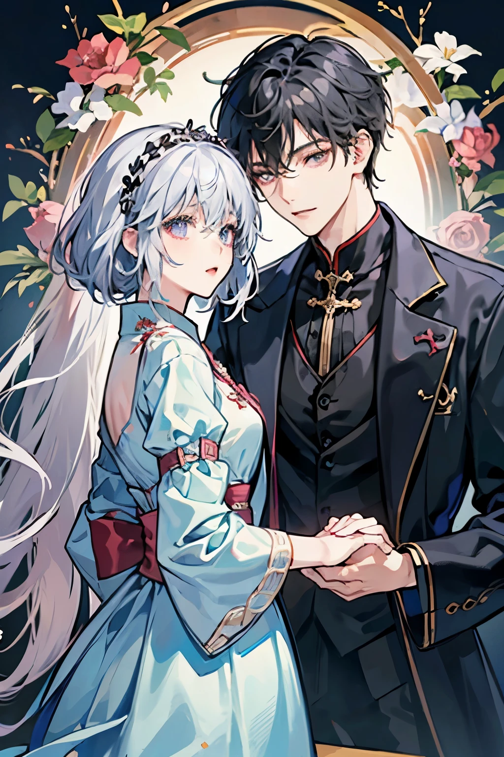 アニメのcoupleの抱擁, 1 male and 1 女, adult, adult face, human, (male: 前髪のあるwhite髪),  fantasy, medieval masterpiece, highest quality, 1Other, ((male )), , different colors, fine eyes and detailed face, intricate details, wizarding world costumes,   laughter, happiness, 優The beauty, like々The beauty, High level image quality、 美male子，beautiful girl，low length、Holding hands and hands、𝓡𝓸𝓶𝓪𝓷𝓽𝓲𝓬、Englishman, K-pop, professional photos, ((vampire)), Inspired by Shim Sa-jeong, 両性具有のvampire, :9 Detailed face: 8, very detailed顔, fine hair, ((black色の目)) ，((white色の目))，baggy eyes, very detailed, semi-realistic anime, vampire, hyperrealistic teen, delicate and androgynous prince, Princess, Short hair over the ears, Boy with a gentle smile,girl with a gentle smile， ((A little British with short white hair and black eyes.)), ((maleの子)), ((1 person)), ((長いblack髪のgirl))，((A little British with long black hair and white eyes. ))，((girl)),((1 person)),information，couple, girl1 person、maleの子1 person, 長いblack髪と銀色の目をした少女, 短い銀髪とblack色の目をした少年, Target color，white，black，cute，2 people