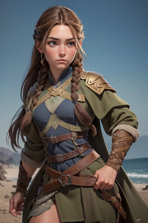 (Obra maestra, La mejor calidad) (young warrior woman of nordic descent), (ojos verdes), (Muscular), (falda de piel), (brown hair color),(loose hair with small braids on the scalp), (top con correa de cuero) plumas, capa sobre el hombro, bufas, (azul, gray and brown suit).