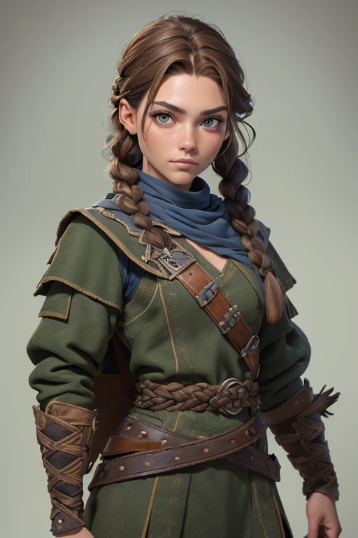 (Obra maestra, La mejor calidad) (young warrior woman of nordic descent), (ojos verdes), (Muscular), (falda de piel), (brown hair color),(loose hair with small braids on the scalp), (top con correa de cuero) plumas, capa sobre el hombro, bufas, (azul, gray and brown suit).