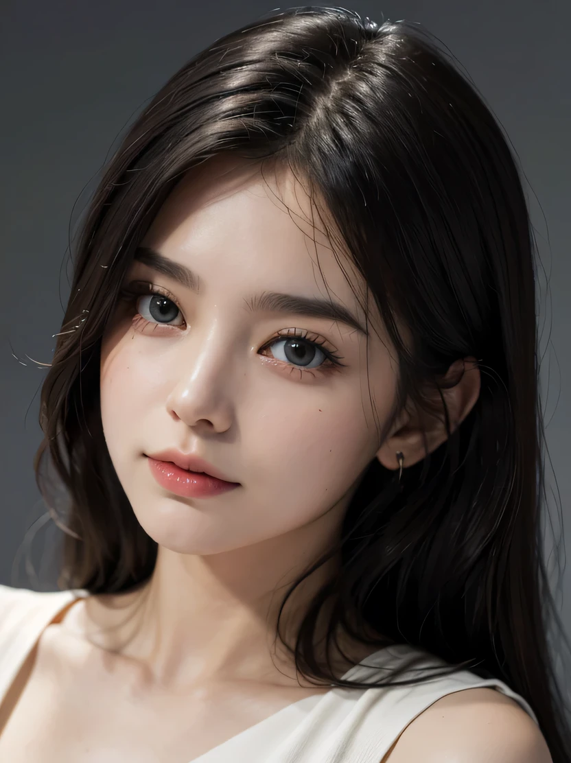 ((masterpiece、highest quality、realistic、Super detailed、High resolution、Photoreal、sharp focus、cinematic lighting))、Stunning portrait of a beautiful woman、bust shot、high color saturation、high contrast、With an oval face and symmetrical facial structure、Big eyes、Khazar eye color、almond shaped eyes、Straight and balanced nose、Soft wavy black hair、heart-shaped lip、Perfect eyebrows、perfect ears、soft skin、pale white skin、Raise your chin slightly、closed your mouth、slight smile 、plain background、focus from the chest up