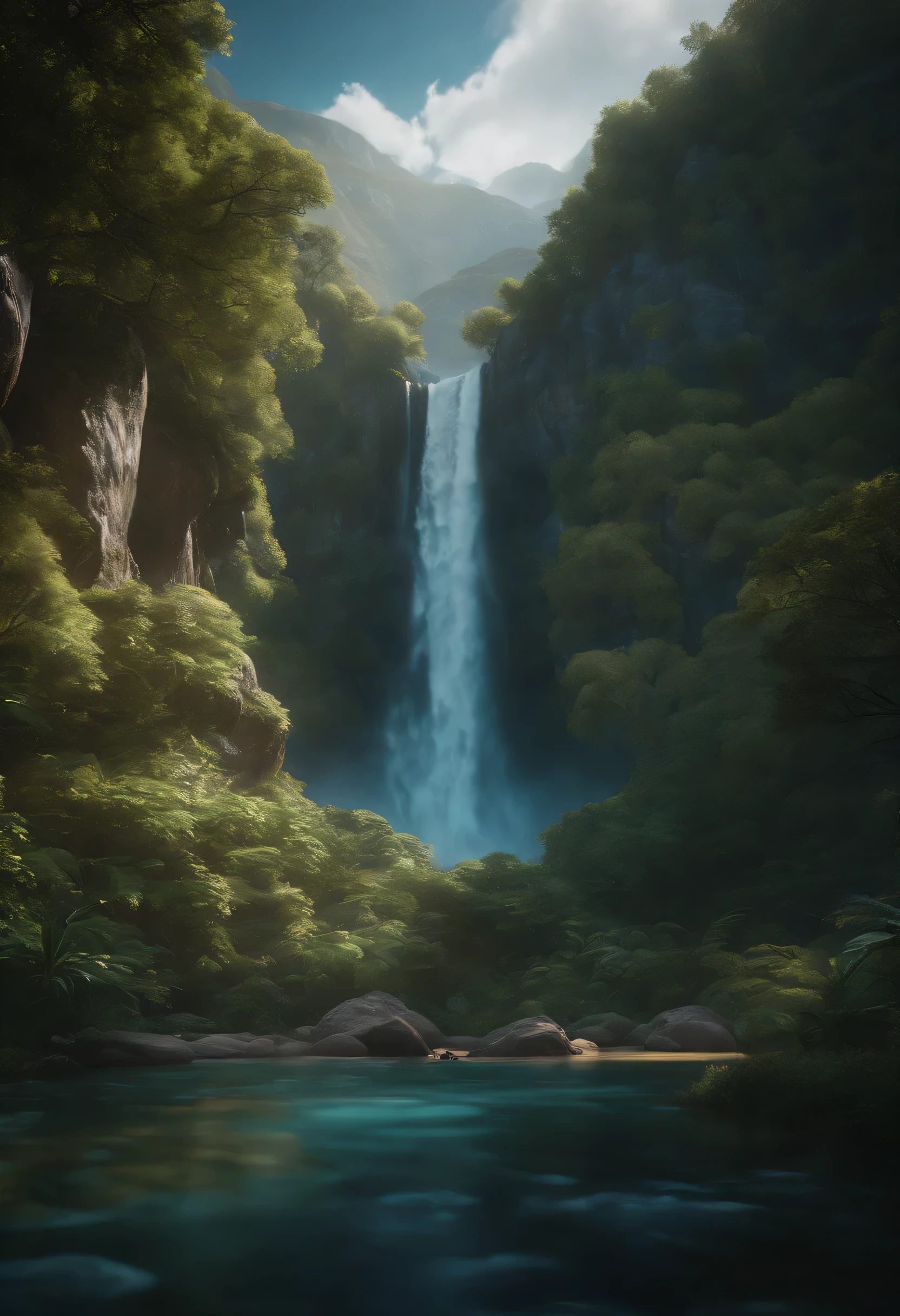 a view of a waterfall with a mountain in the background, fantasy style 8 k octane render, epic dreamlike fantasy landscape, impressive fantasy landscape, lush alien landscape, 8 k landscape render, unreal engine fantasy art, fantasy magical vegetation, 3d rendered matte painting, realistic fantasy render, beautiful render of a landscape, avatar landscape, fantasy overgrown world, beautiful land, High resolution, Hyper Resolution, HD, Glistening, Bioluminescent, Cinematic, Studio, Ray Tracing, extremely detailed, insanely detailed, Mythical scenery, beautiful tree's, Colorful flowers, Water flowing,