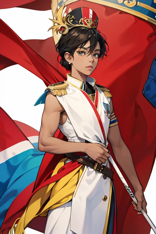 Antigua and Barbuda mascot using the flag color red, black, light blue, gold and white ; glitter