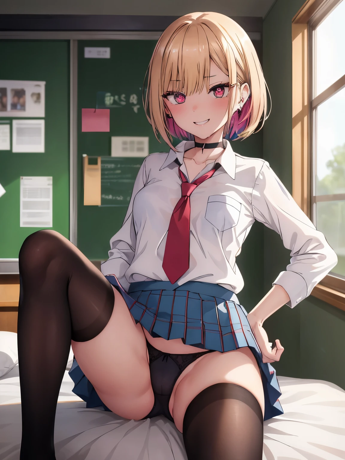 masutepiece, Best Quality, hight resolution, kitagawa marin, 1girl in, Blonde hair, Long hair, multicolored hair, Red Eyes, Jewelry, earrings, Piercing, School uniform, White shirt, Tied shirt, Black Choker, blue necktie, plaid skirts, Hands on hips, ,grin, Smile, Standing, Cowboy Shot, Outdoors, Dark blue high socks majicMIX Real、(Raw photography:1.2)、(Photorealsitic:1.4)、The beauty of beautiful details and delicate facial expressions、a blond、((Panties are visible))(Squatting panty shots)piercings Lashes beatiful detailed eyes、huge filesize、ultra-detailliert、hight resolution、Transcendent beauty top-quality、masterpiece、、(Japanese girls' high school uniform))、Very detailed expression Magnificent、finely detail、Highly detailed face movie lighting、A 23-year-old girl、front facing、((dynamicposes)))、(Sitting on legs with bent knees))、pleatedskirt、blazers、Sexy upper eyes、I'm smiling at you, 1girl, (realism: 1.4), (masterpiece, side light, delicate and detailed eyes: 1.2), portrait masterpiece, realism, 3D face, glowing eyes, shiny hair, sagging skin, solo, embarrassment, black lingerie, (belly), blonde, yushuxin, lying down, bed, (wet), flushing, medium breasts, condom, (heart pupil: 1.3), steam, direct vision, top-quality、masutepiece、1girl in、platinum-blonde、Bob Hair、Red ribbons、in one's underwear only、Pink lingerie、to close range、red blush、Kamimei、Staring at this、Cute anime illustration、tits out、lighting like a movie、top-quality、High school girl pulling her panties down to her thighs in a school classroom、Laugh、Nearly taking off your panties、ripped school uniform、(8K、Raw photography、top-quality、masterpiece:1.2),(Spread your legs wide,Open your legs wide),(Long bob cut),watching at viewers,Looking at the front,Bullish,Erotic,Pupils,Light Blue Bra,de pele branca,kne,(Black pantyhose),absurderes,a small face,Parting the bangs from the middle、Forehead visible,(be shy,Tight eyes,glares,Bullish,skinny,Rasping,irate)、masterpiece,top-quality、超A high resolution,Raw panties,ren