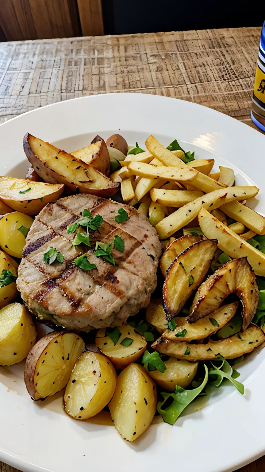 tuna patties steak with potato wedges with no salad, looks delicious