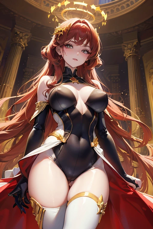 Masterpiece: 1.5, best quality, high resolution: 1.3, super resolution, super detailed, ultra detailed: 1.3, rich background: 1.2, 1 woman)) pale skin + reddish hair + short fluffy curly hair + amber eyes + long eyelashes + feminine body + medium chest + wide hips + thick thighs (wetsuit with spider web designs, spiderwoman inspired suit, has a chest neckline with a golden gem embedded in it, golden halo behind her head, has halos of golden light on his wrists) ((smiles, raised in the air, city in the background illuminated by lights, golden light from halos in gold)) (colors of clothing and accessories: white, gold, navy blue, silver)