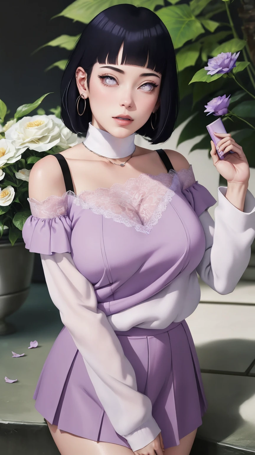 { - anatomy error} (Masterpiece - Ultra-detailed, very high resolution) (huge titusty, masterpiece, absurdres, hinata\(boruto\), 1girl, solo,mature female, off-shoulder bra, high waist short skirt, looking at viewelling petals), perfect composition, detailed lips, big breast, beautiful face, body propotion, blush, (pink lips), short hair, purple eyes, soft gaze, super realistic, detailed, photoshoot, realistic face and body, reading, writing, walking, backwards, lying down, standing, dynamic poses, mouth closed. Different posture. Very sexy, with chin resting on shoulder. lilac eyes, full body, lace clothes, with large hoop earrings