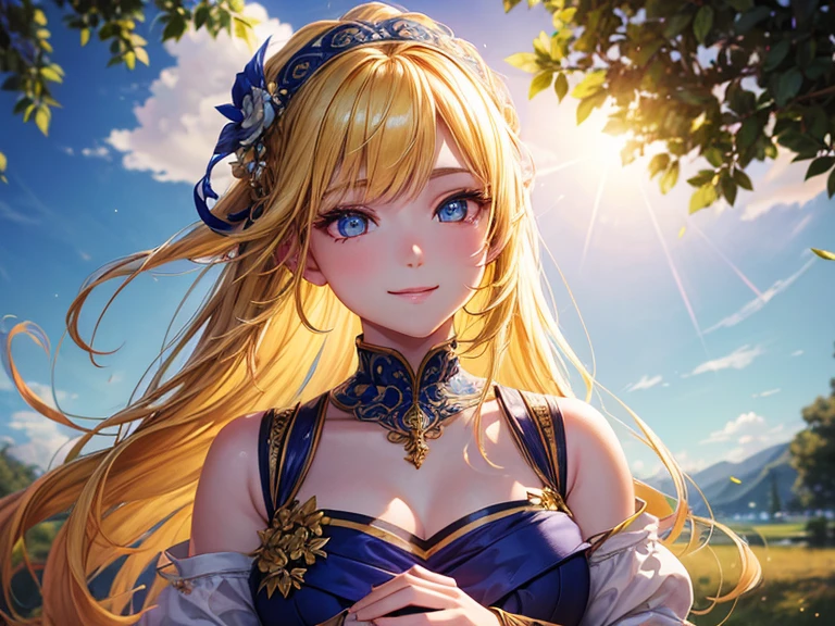 masterpiece, best quality, best quality, (Intricate detailed:1.2), beautiful eyes, 1girl, solo, outdoors, blue sky, cloudy, bokeh, lens flare, anamorphic lens flare, depth of field, seductive face, seductive smile, heanna_sumire, yellow hair, red headband, 
