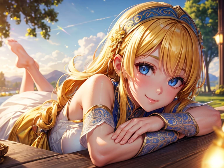 masterpiece, best quality, best quality, (Intricate detailed:1.2), beautiful eyes, 1girl, solo, outdoors, blue sky, cloudy, bokeh, lens flare, anamorphic lens flare, depth of field, seductive face, seductive smile, heanna_sumire, yellow hair, red headband, 