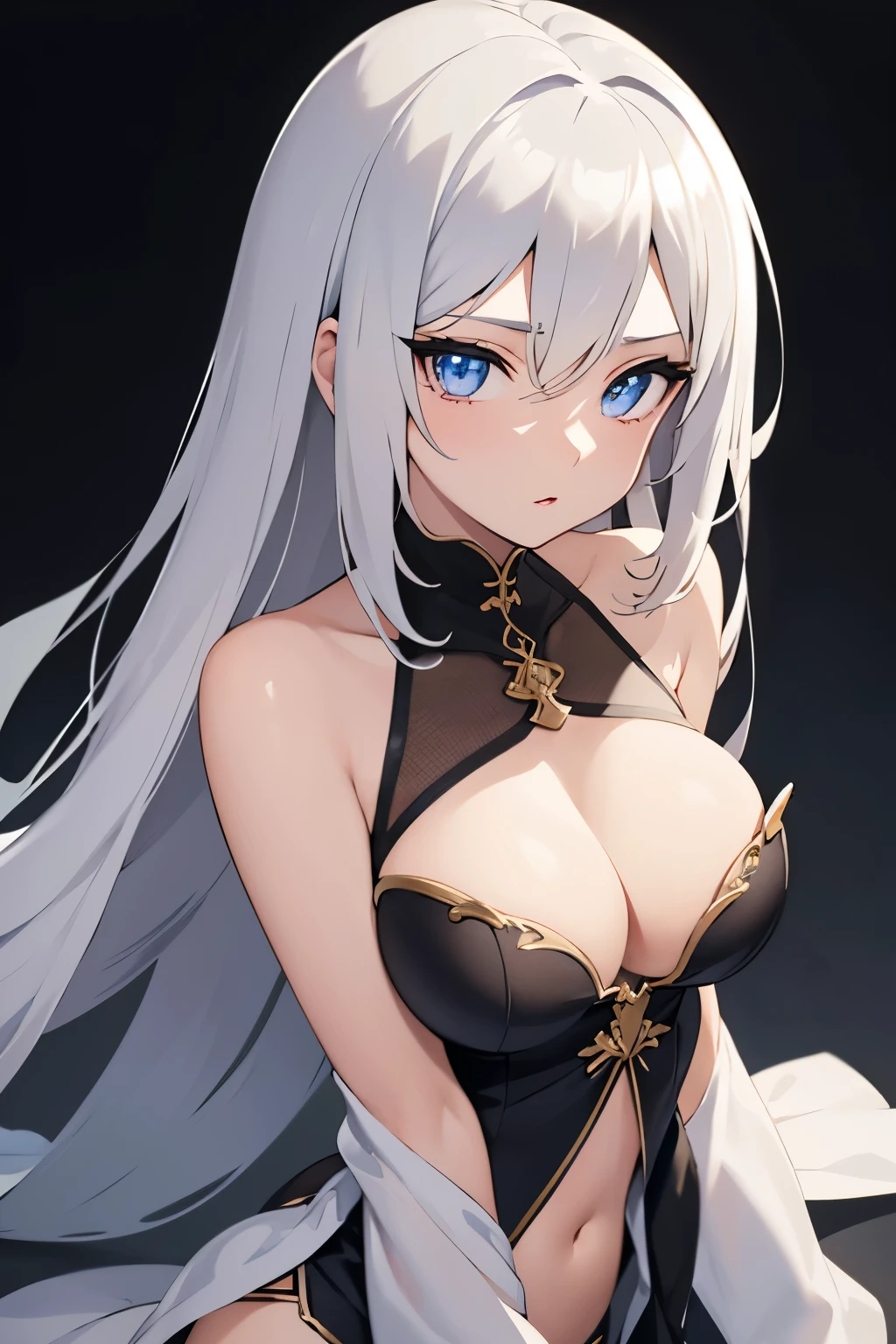1girl, anime, cute girl, blank background, white background, fantasy, detailed dark fantasy dress with highlights, beautiful face, beautiful eyes, dark colors, silver hair, slightly small breasts, slight cleavage, beautiful skin, cute, breast curtains, extremely delicate and beautiful, (beautiful detailed face:1.0), (detailed deep eyes), symmetrical breasts, deep eyes, shiny skin, portrait, slender waist, hips wider than shoulders, thighs, young girl, expressionless, luminous eyes