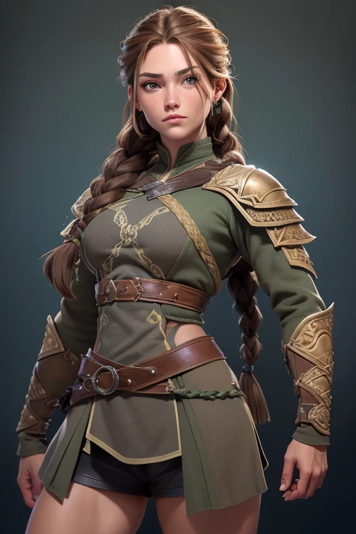 (Obra maestra, La mejor calidad) (young warrior woman of nordic descent), (ojos verdes), (Muscular), (falda de piel), (brown hair color),(loose hair with small braids on the scalp), (top con correa de cuero) plumas, capa sobre el hombro, bufas, (azul, gray and brown suit).