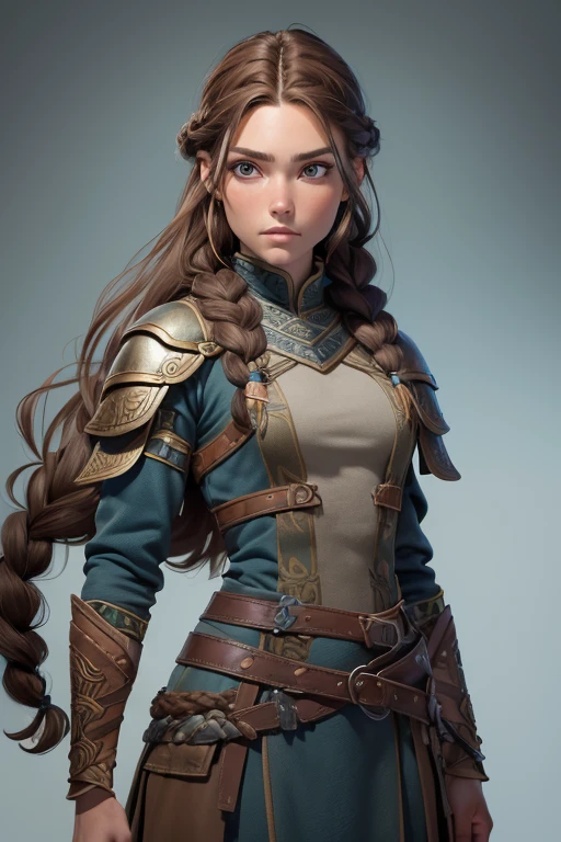 (Obra maestra, La mejor calidad) (young warrior woman of nordic descent), (ojos verdes), (Muscular), (falda de piel), (brown hair color),(loose hair with small braids on the scalp), (top con correa de cuero) plumas, capa sobre el hombro, bufas, (azul, gray and brown suit).