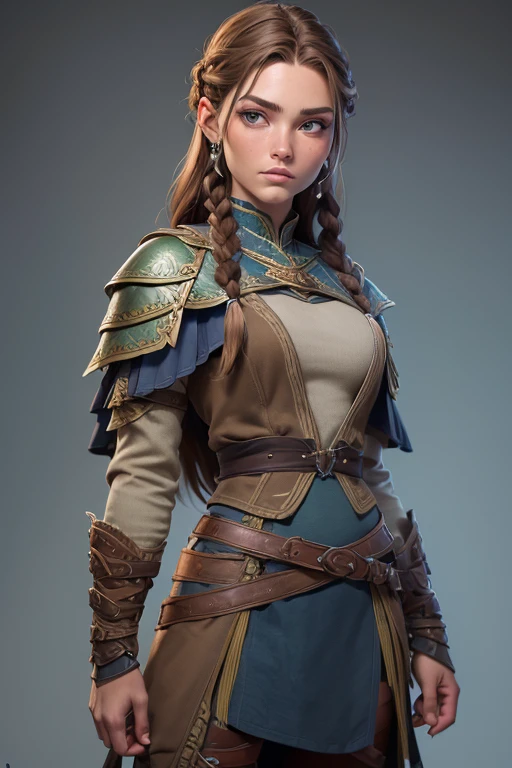 (Obra maestra, La mejor calidad) (young warrior woman of nordic descent), (ojos verdes), (Muscular), (falda de piel), (brown hair color),(loose hair with small braids on the scalp), (top con correa de cuero) plumas, capa sobre el hombro, bufas, (azul, gray and brown suit).